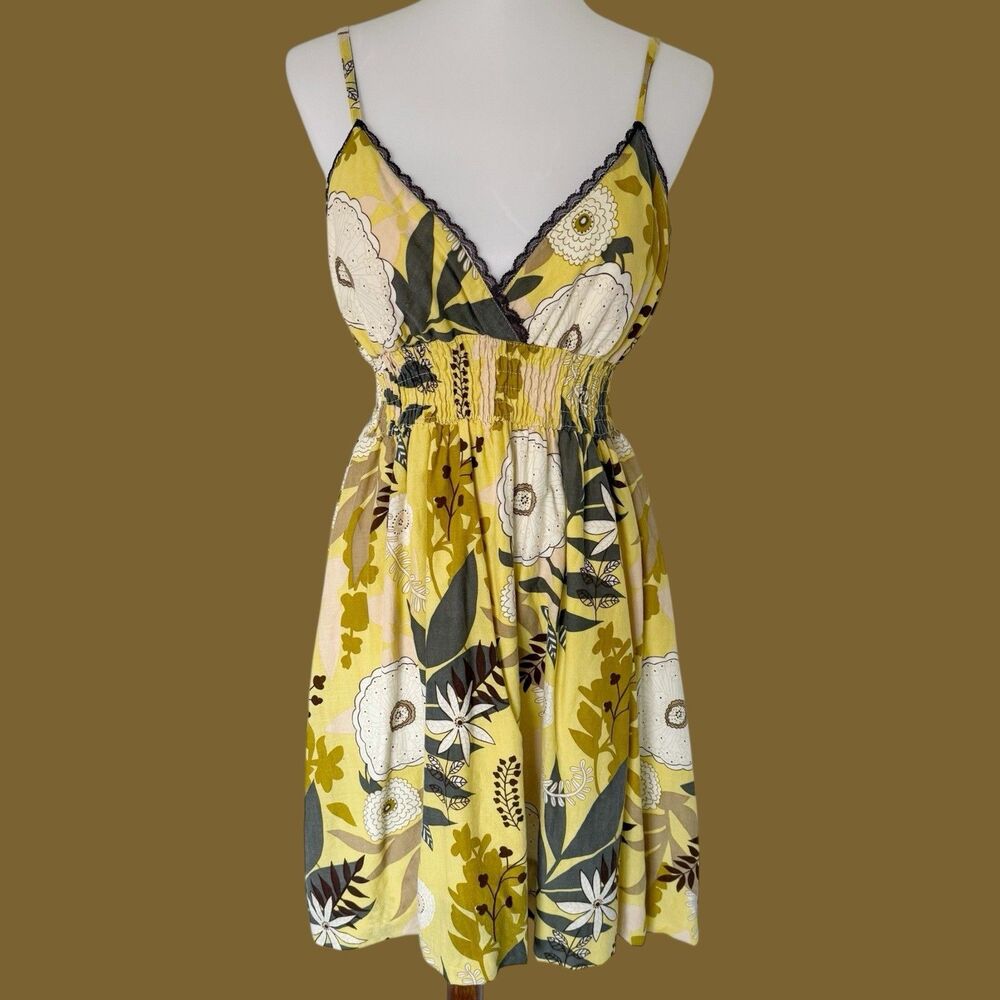 She’s Cool Y2K 2000s Floral Yellow Mini Cami Sundress XL Smocked Empire Waist